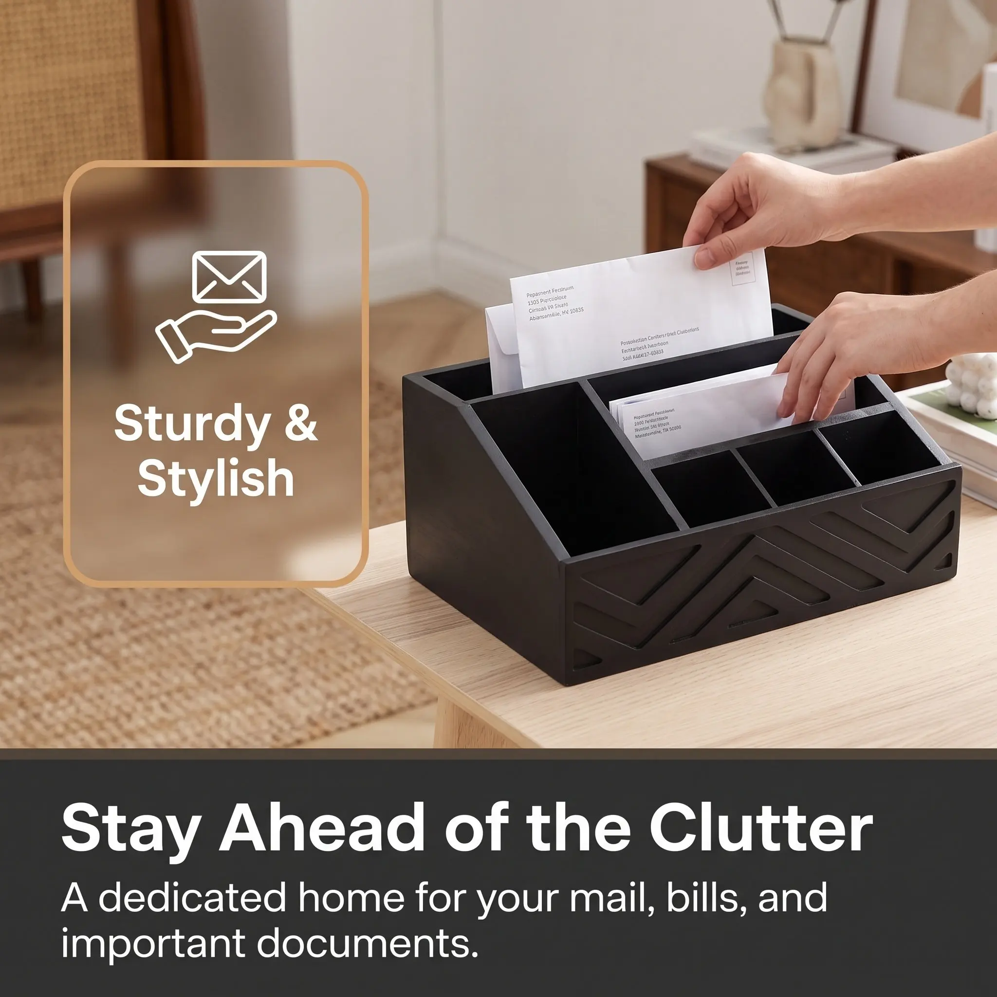 Wooden Organizing Storage Box Decorative Mail Organizer for Desk Office Tabletop Letter
