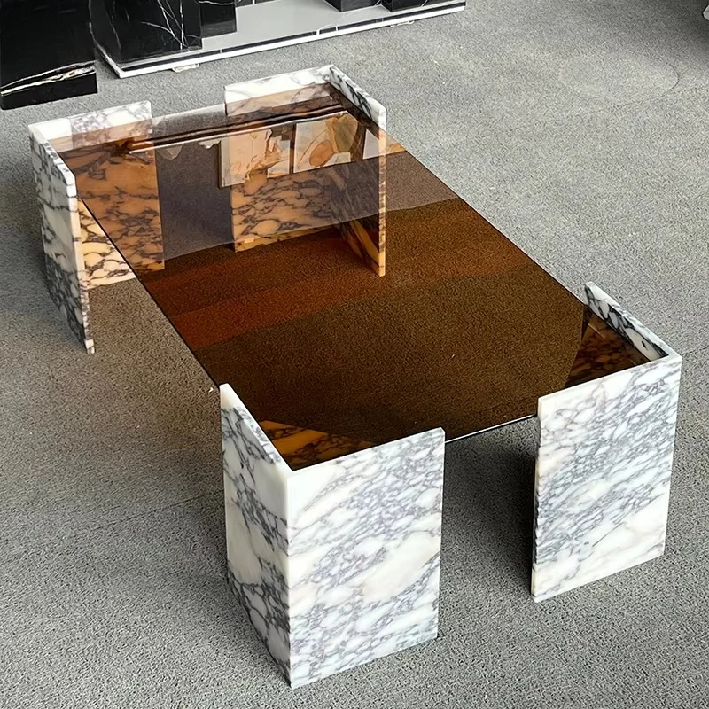 Royal Style Modern Acrylic Top Coffee Table Tea Table With Calacatta Viola Marble Leg for Livingroom Villa Hotel Decor