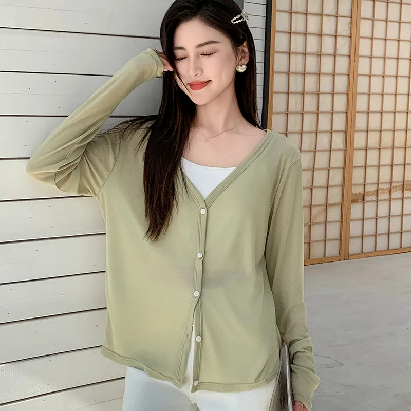 Korean Thin Tencel Cardigan Sunscreen Womans Clothing V-neck Knitted Air Conditioned Cover Up Top Spring Fashion 2024 Women