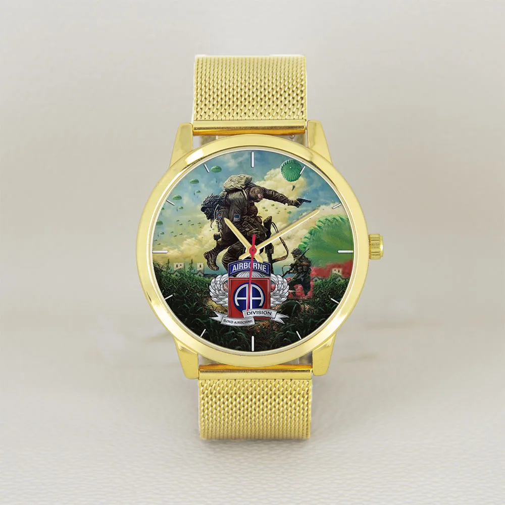 

Мужские часы диаметром 45 мм с силиконовым кожаным ремешком из нержавеющей стали, дизайн воздушно-десантной дивизии, крутой приключенческий золотой персонализированный
