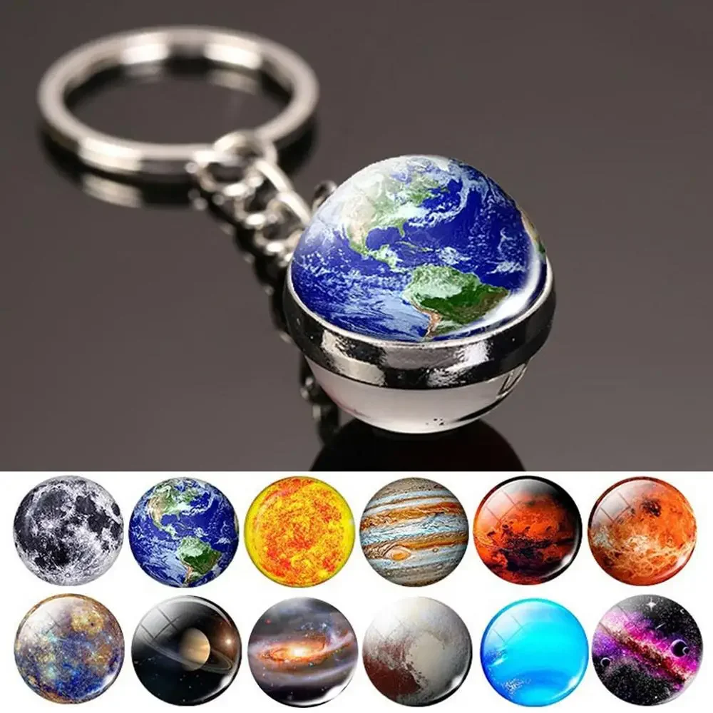LLavero luminoso de planeta galaxia, sistema Solar, imagen artística, abalorios de bola de cristal de doble cara, Luna, tierra, astronomía, recuerdos para amantes