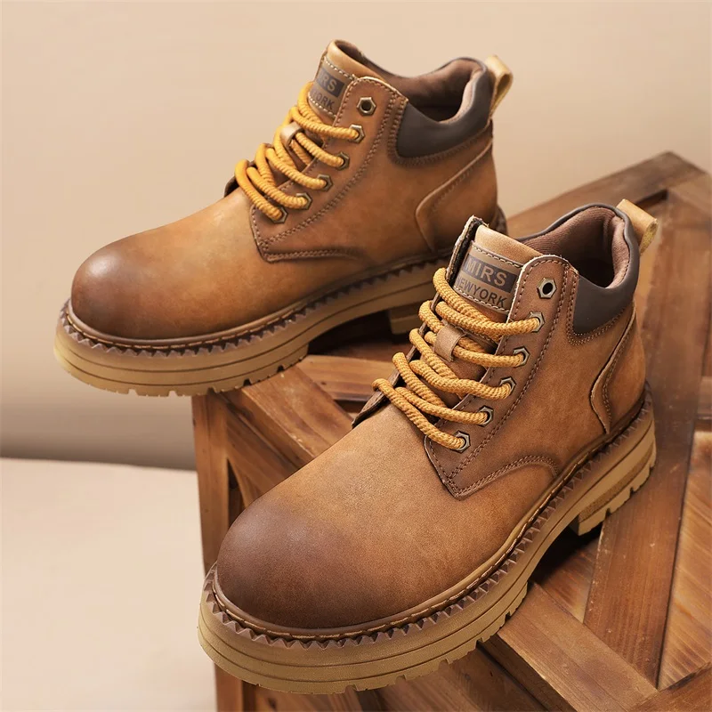 

Men High Top Boots Thick Soled Round Toe Lace Up Motorcycle Boots Fashionable Comfortable Men Casual Shoes