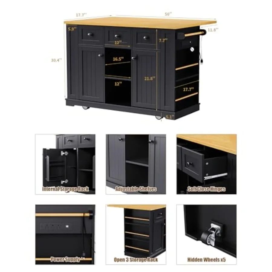 53-Inch Rolling Kitchen Island with Storage: stainless steel frame, matte black finish, heavy-duty casters and pull-out shelf f