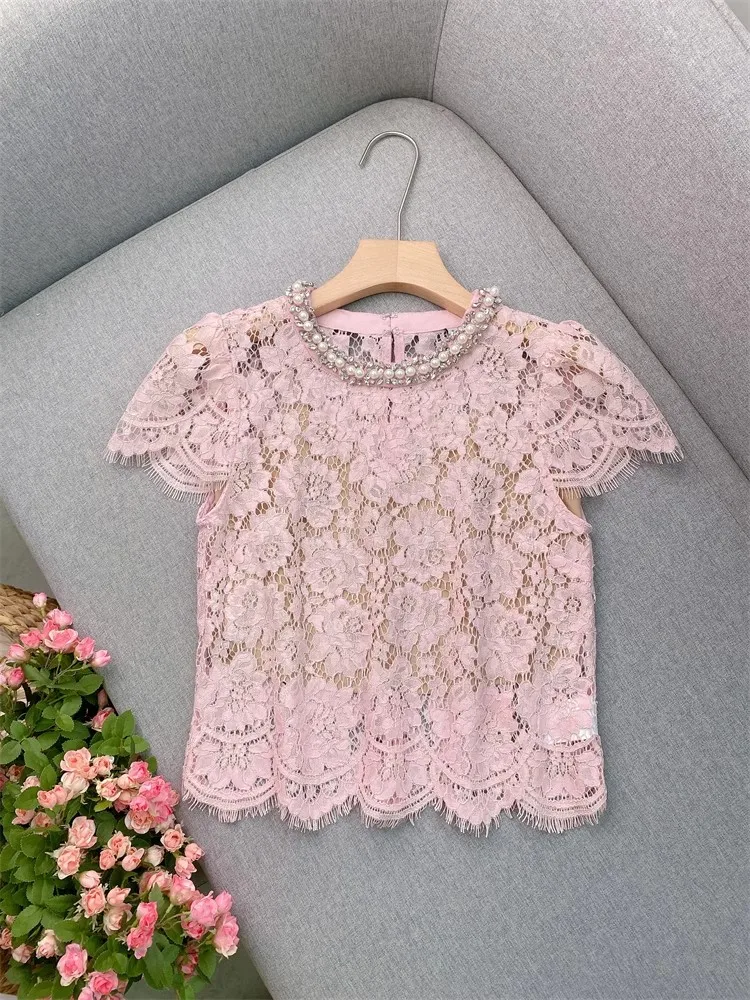 Hot Sale Fashion Women Summer Handmade Pearl O-Neck T-Shirt Flower Lace Hollow Out Short Sleeve Tops Sweet Style Slim Fit Tees