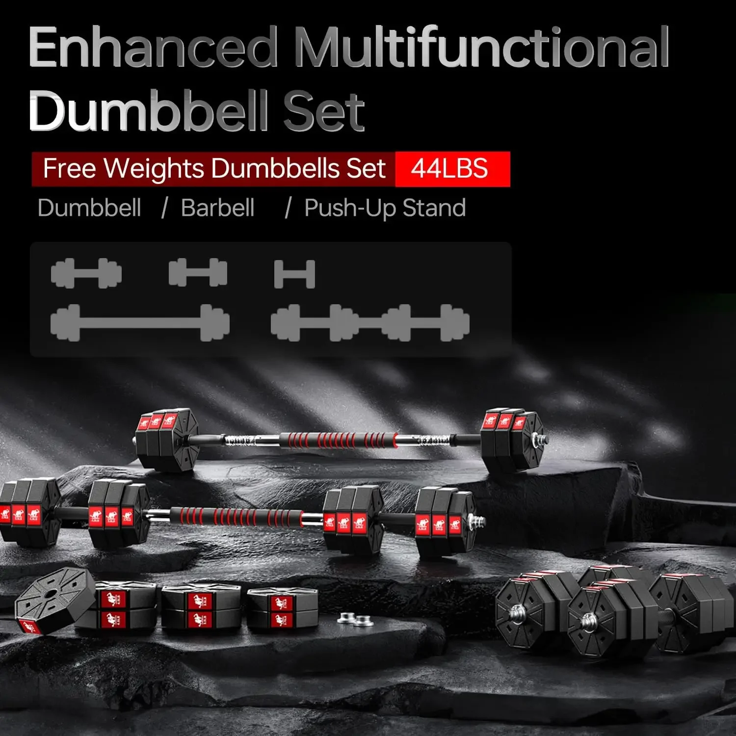 Adjustable Weights Dumbbells Set, 44Lbs 66Lbs 88Lbs 3 in 1 Adjustable Weights Dumbbells Barbell Set,