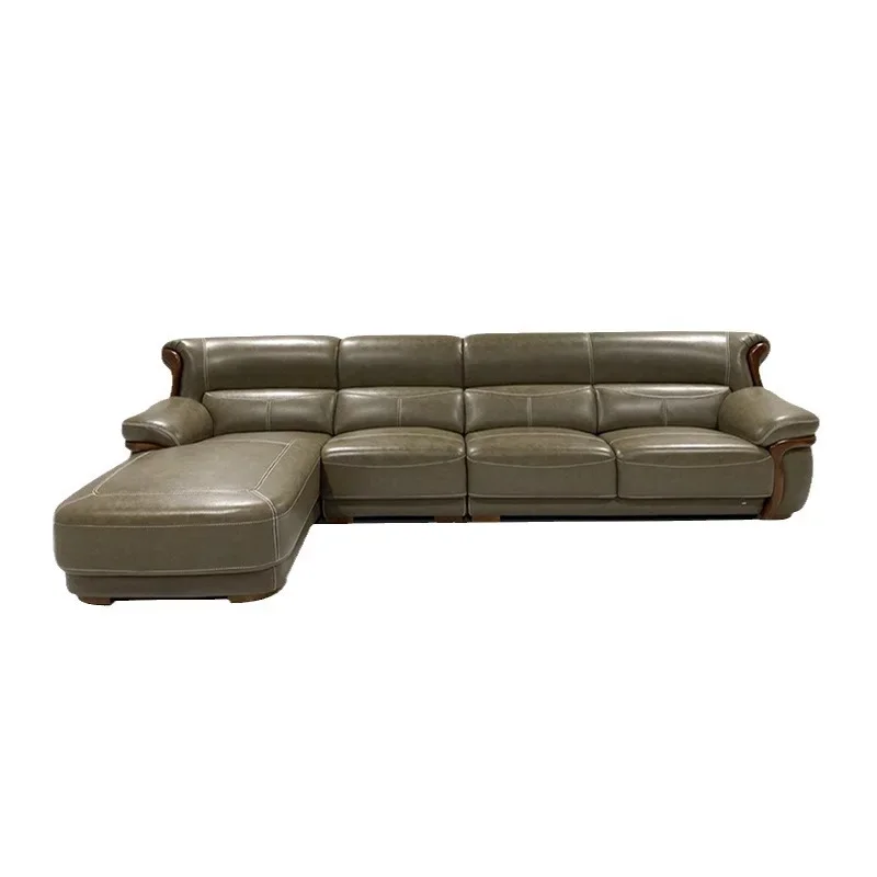 Nordic leather sofa first layer cowhide three-person combination new Chinese leather ash solid wood living room