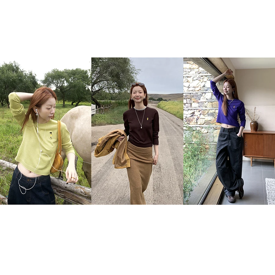 

Cute Embroidered Wool Knitted Sweater round Ne Multi-Color Korean Sle Vintage Slim Fit Hellooo Eat Women's Faion Top