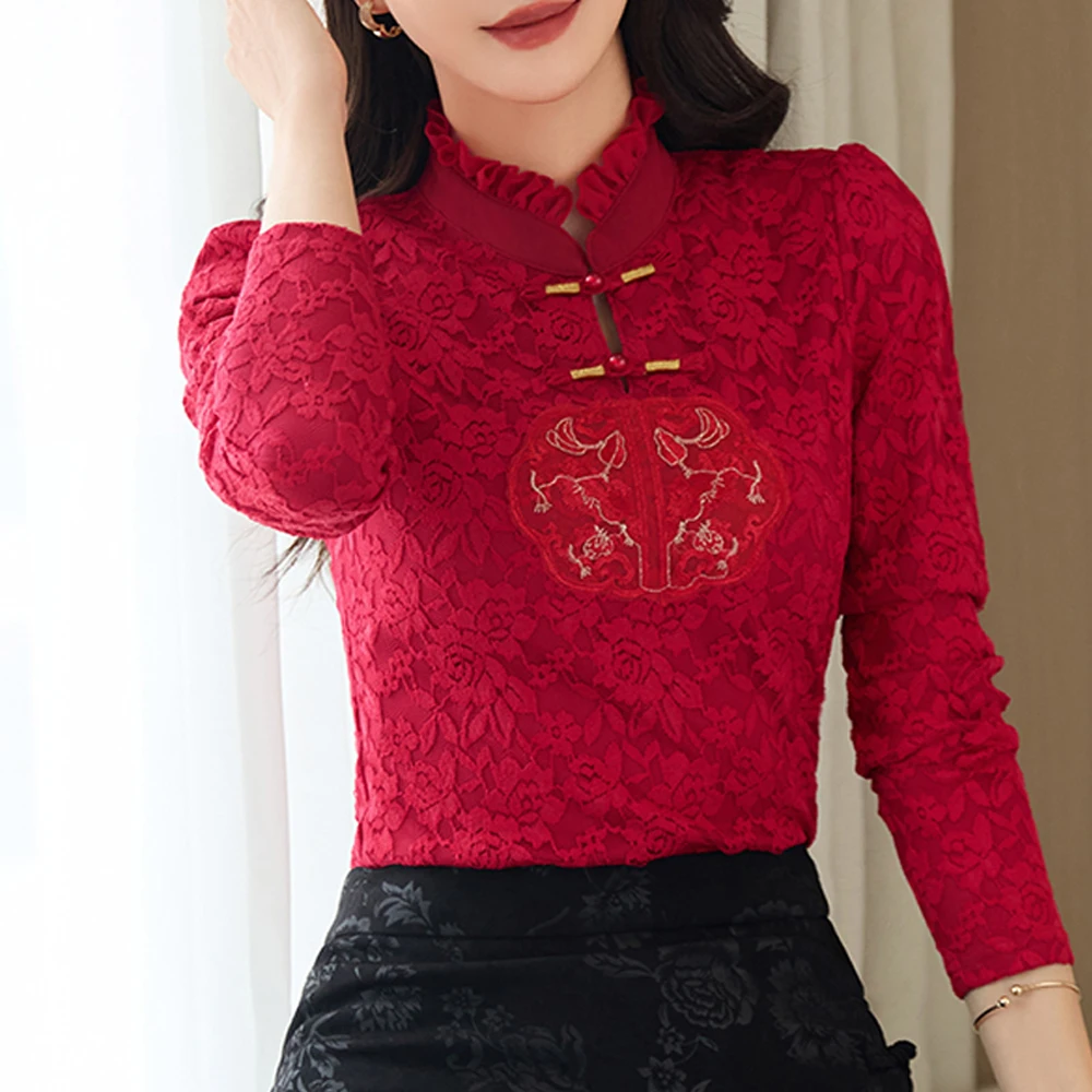 

Chinese style wine red lace shirt for women's autumn and winter new high-end fashion plus size slim fit button up collar top