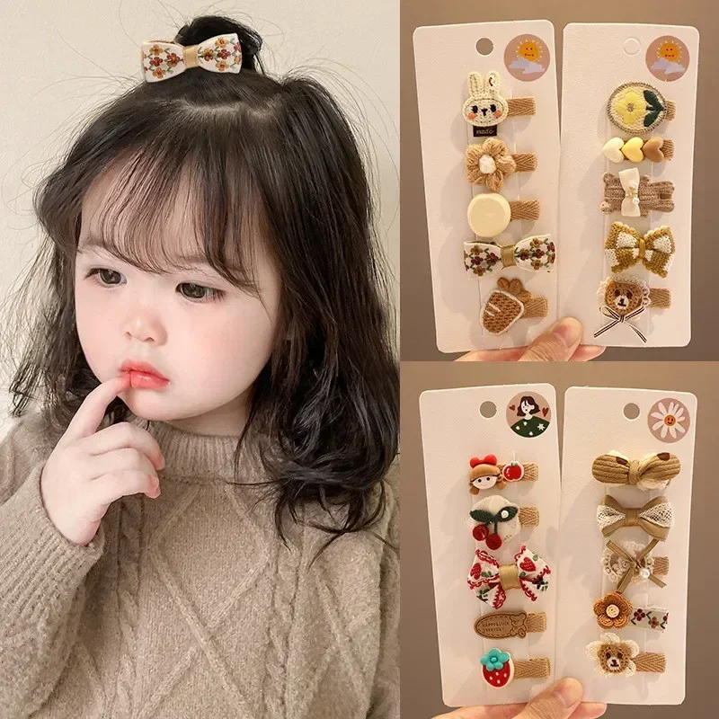 5pcs Korean Cute Hair Clip for Baby Girl Fashion Cartoon Bear Bowknot Hair Pin for Toddler Girl Milk Coffee Coloer Kids Headwear