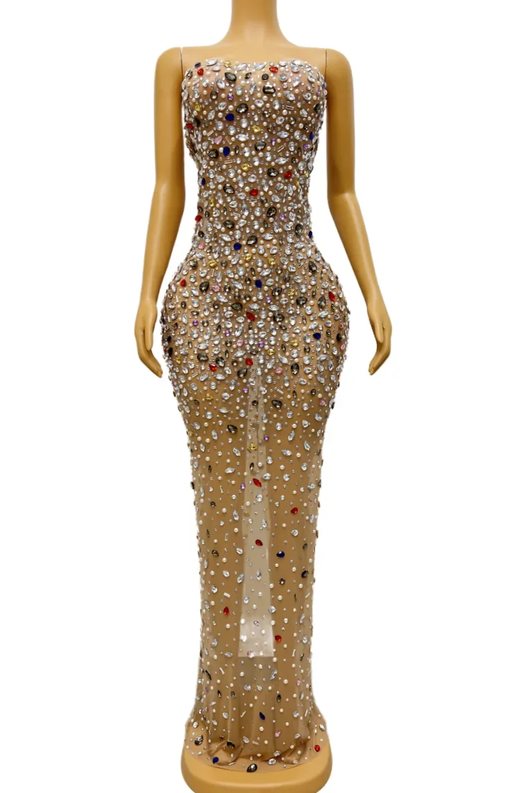 Vestido de malla con perlas y cristales de colores para mujer, traje Sexy de noche de graduación, transparente, Multicolor, con diamantes de imitación, Mangas de plumas de cumpleaños