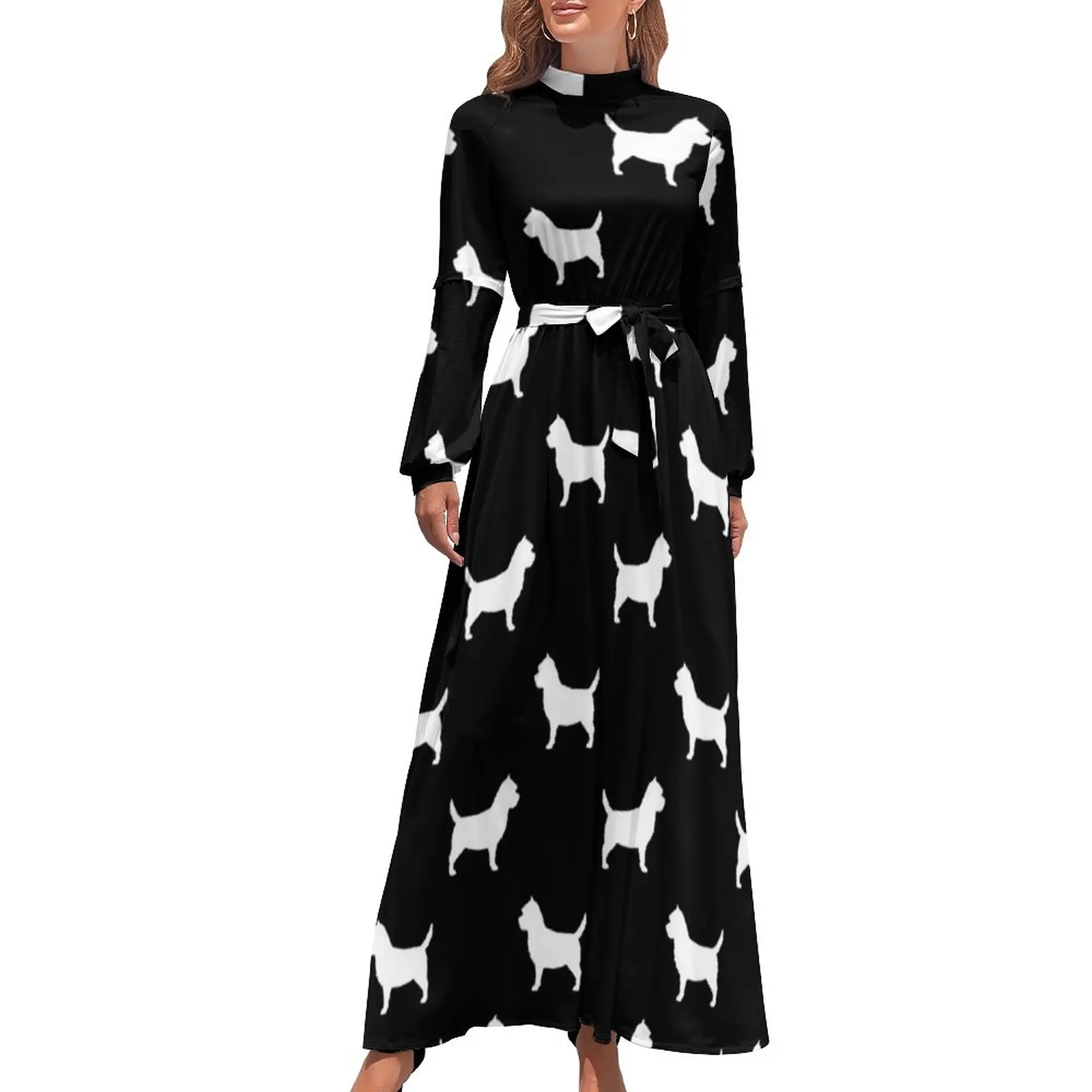 Dog Art White Dress Cairn Terrier Silhouette Long Sleeve Sexy Maxi Dress Basic Bohemia Long Dresses High Waist Pattern Clothes