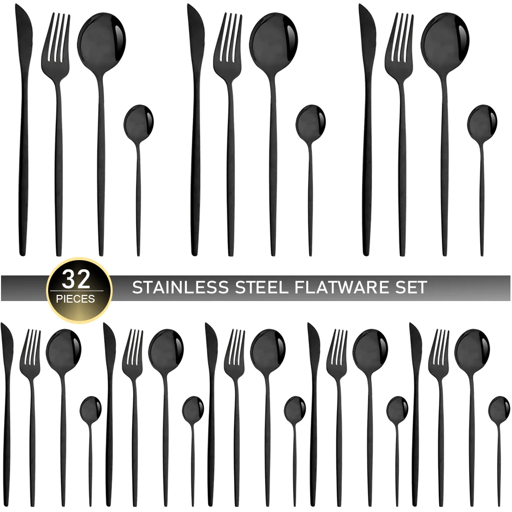 32Pcs Black Dinnerware Set Mirror Stainless Steel Flatware Set Knife Coffee Spoon Fork Silverware Wedding Tableware Cutlery Set