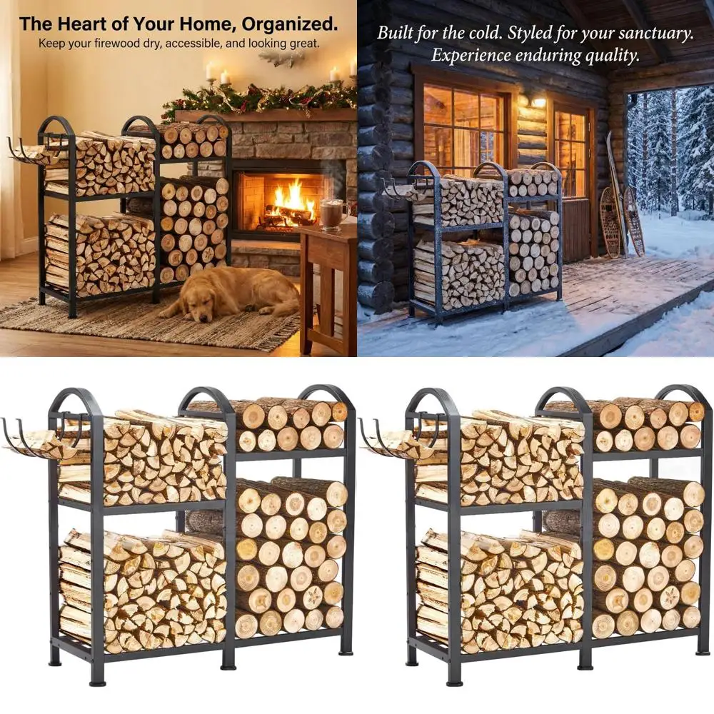 

Деревянная подставка для дров с крючками, 31-секционный двухуровневый держатель для дров, подходит для использования на улице, регулируемый компактный органайзер для хранения дров