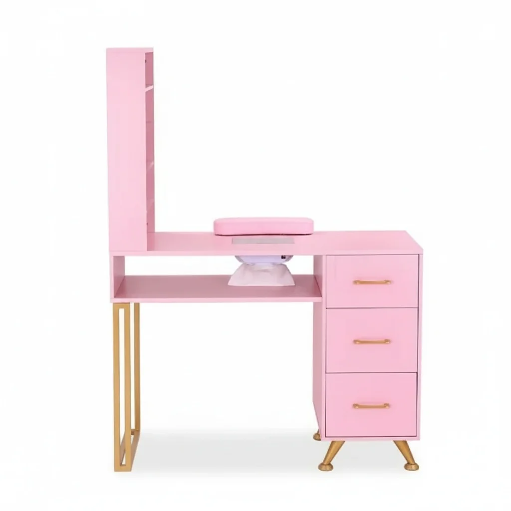 Pink Nail Table with Marble Top, Manicure Workstation with Dust Collector and Hand Rest, Waterproof MDF Salon Furniture Station