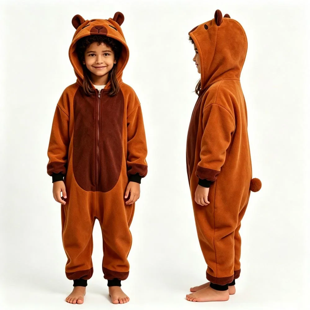 Animal Cartoon Kids Flannel Kigurumi Pajamas Capybara One Piece Hooded Oneise Pyjama Children Sleepwear Christmas Halloween Gift