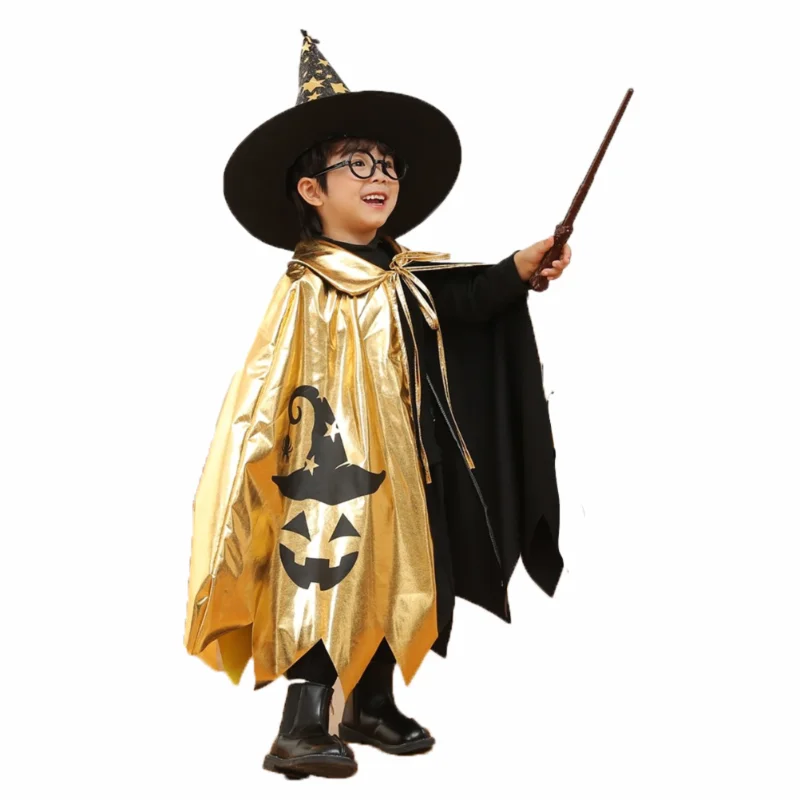 Kids Halloween Unisex Witch Cosplay Cloak + Witch Hat 2 Piece Costume Carnival Party Fancy Gold Black Color Blocking Dress Cape