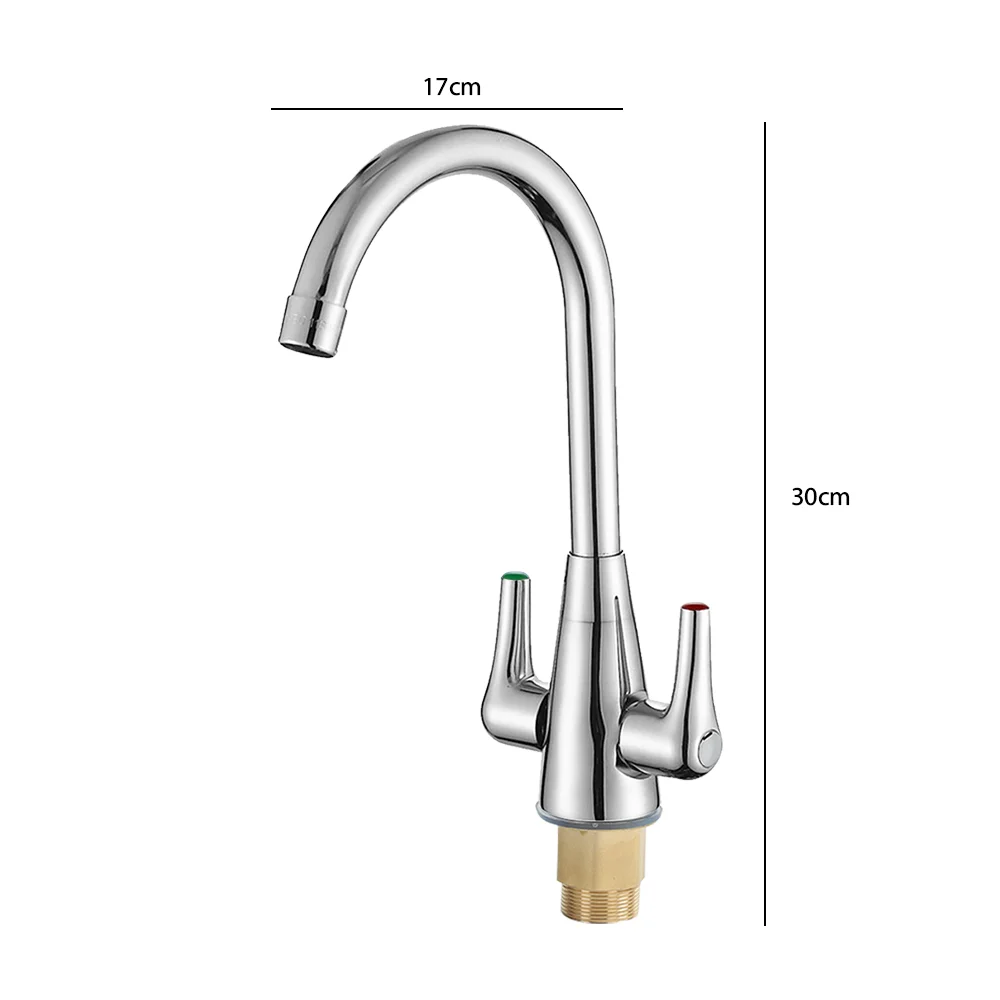 Robinet d'évier de cuisine à double levier, eau chaude et froide, robinet de centre commercial, bec à percussion à 360 °, filtre à coude avec tuyau d'entrée d'eau de 60cm