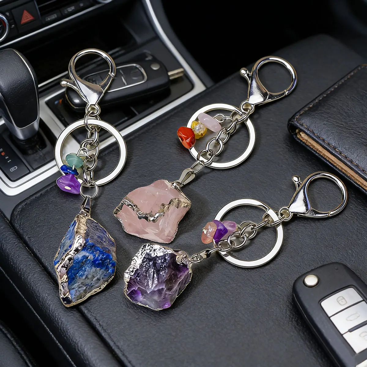 1PC Natural Gemstone Keychains | Clear Quartz Rough Stone & Amethyst Key Chain, DIY Car Key Ring, Perfect Father & Mother's Day