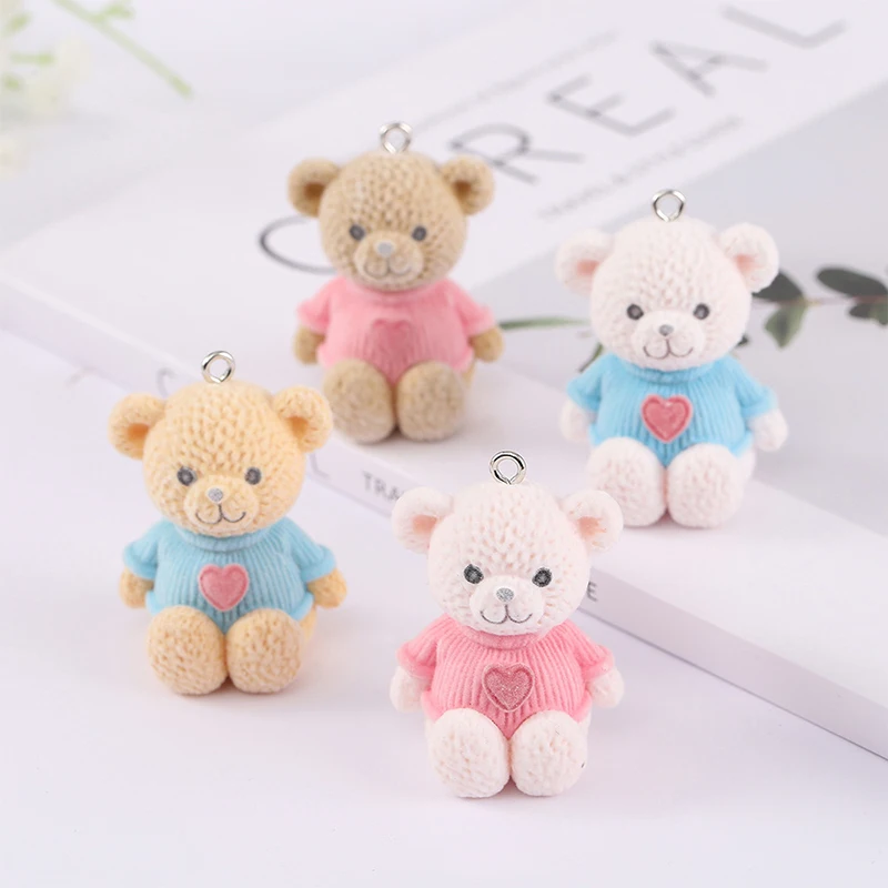 1Pc 3D Flocking Animals Cartoon Small Bear Shape Resin Dolls Pendant DIY Jewelry Earring Phone Chain Keychain Pendant Accessorie