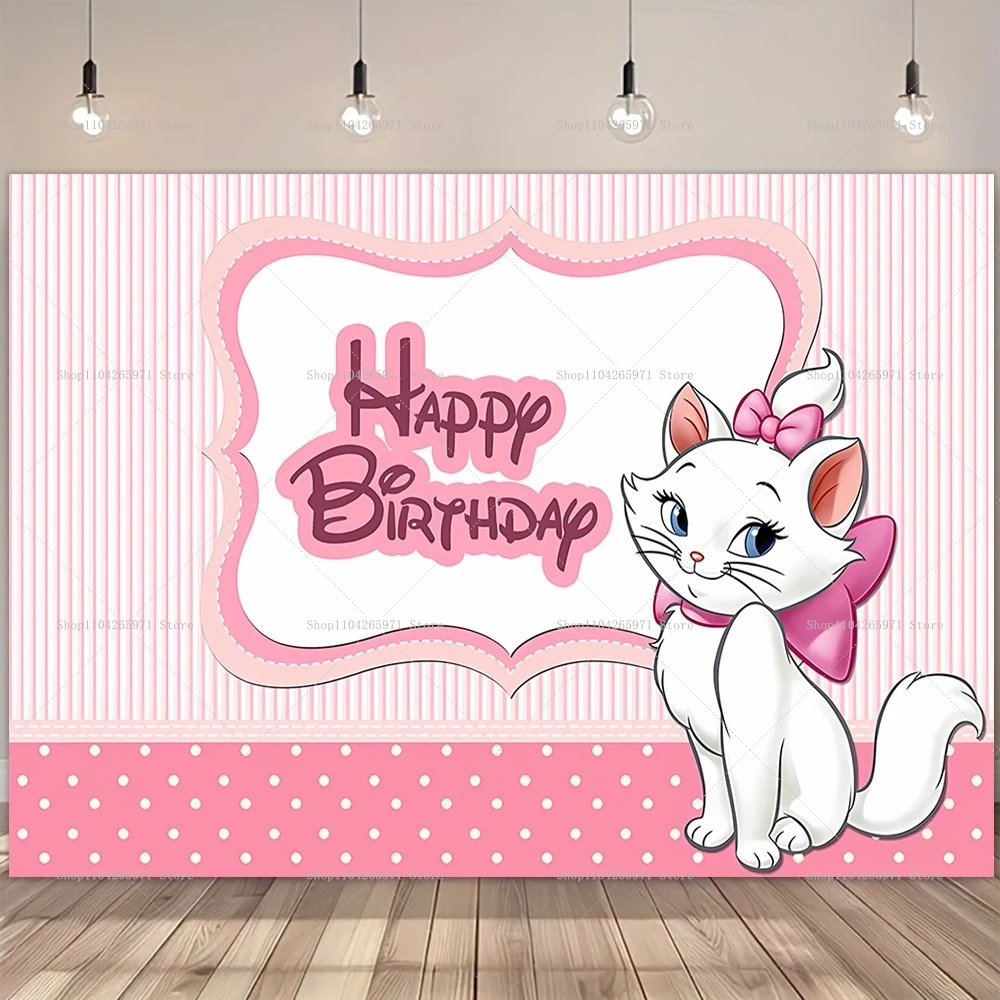 Decoración de Fondo para Fiesta de Cumpleaños de Niña con Temática de los Aristogatos, Gato Rosa Marie, Lindo Fondo a Rayas Personalizado para Estudio Fotográfico