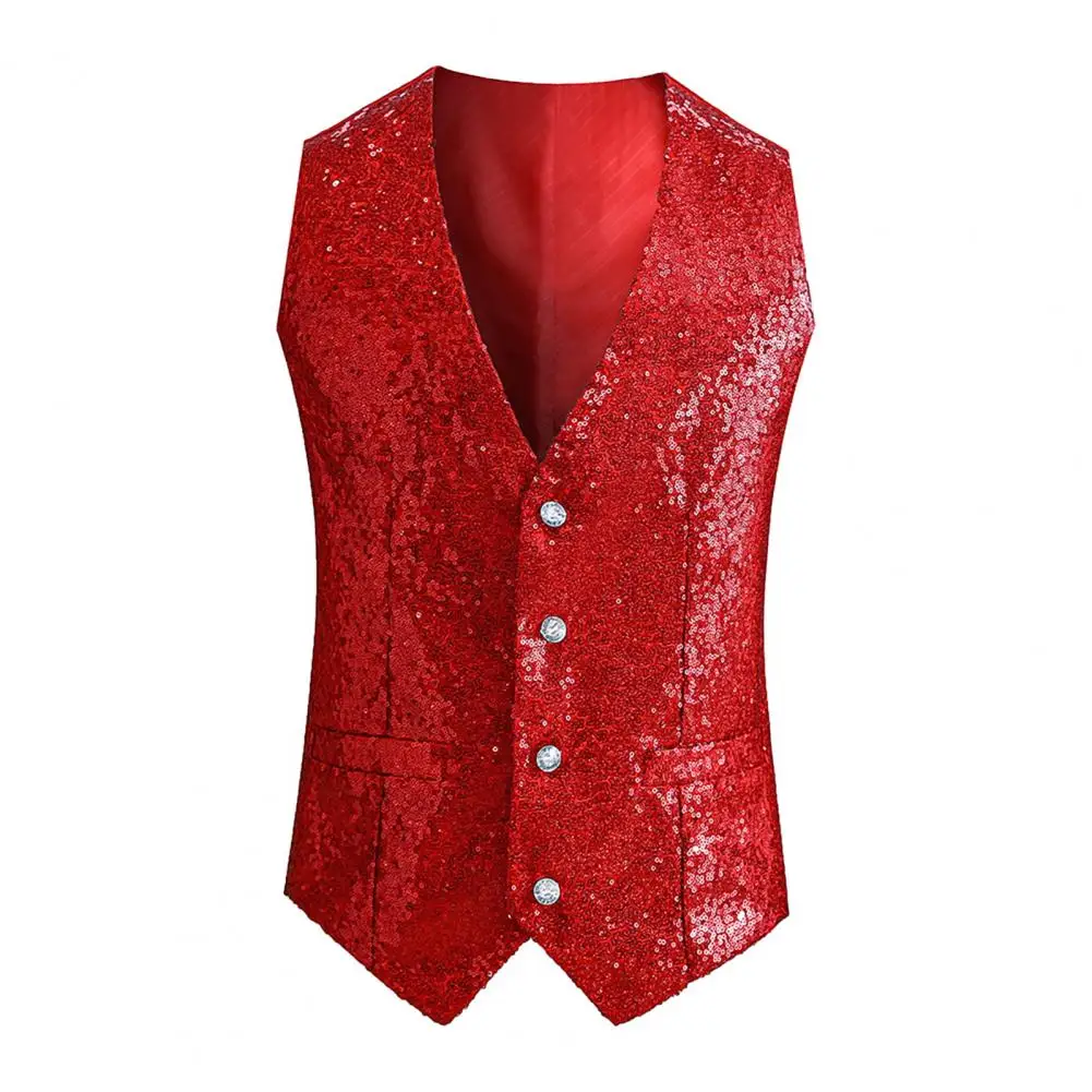 Men Formal Waistcoat Sequin Slim Fit Men Vest with Adjustable Back Buckle for Stage Show Emcee Performance Shiny Single-breasted