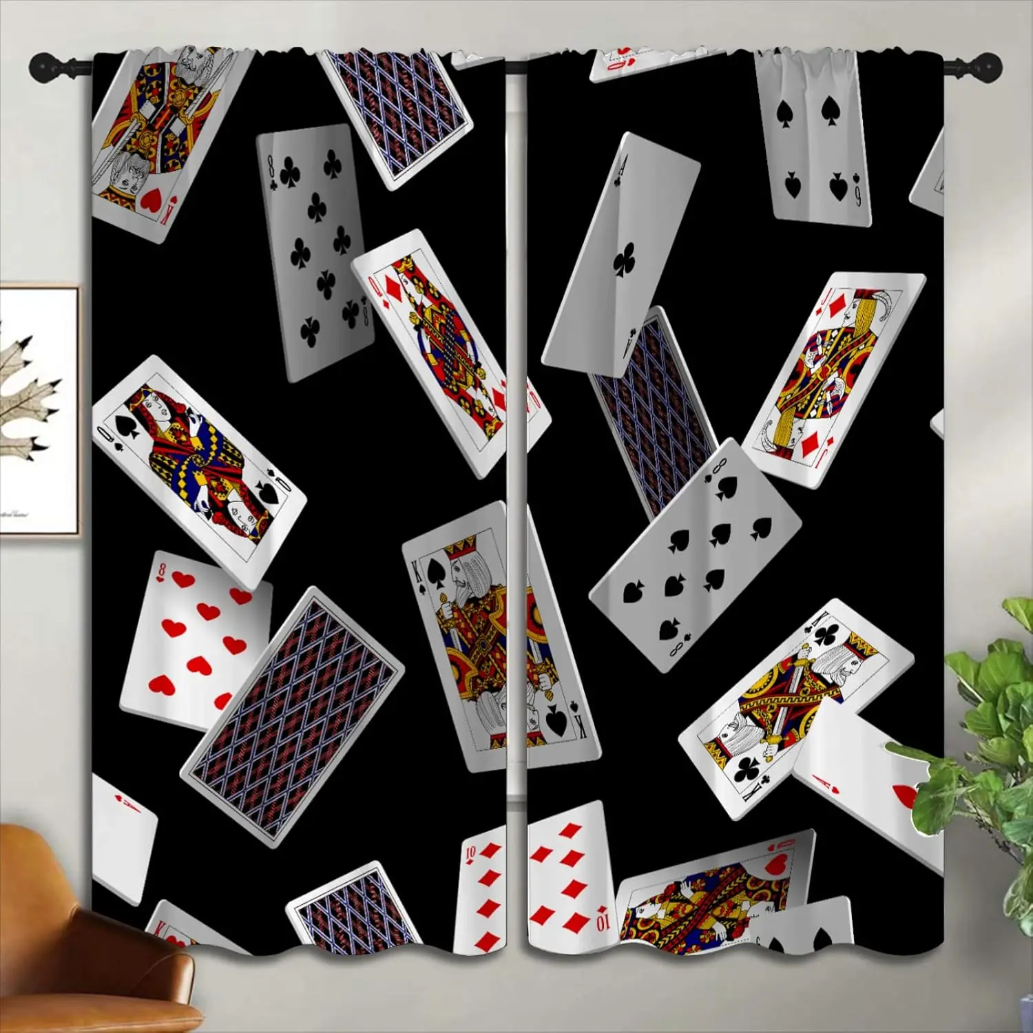 Casino Poker Blackout Curtains for Boys Girl Bedroom Home Decor, 3D Falling Playing Cards Black Background Thermal Insulated