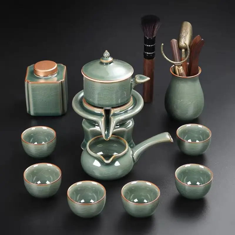 

Exquisite Celadon Automatic Tea Set With Tray And Tea Caddy-1Teapot 1Fair Cup 6Teacups Perfect For Chinese Gongfu Tea Ceremony