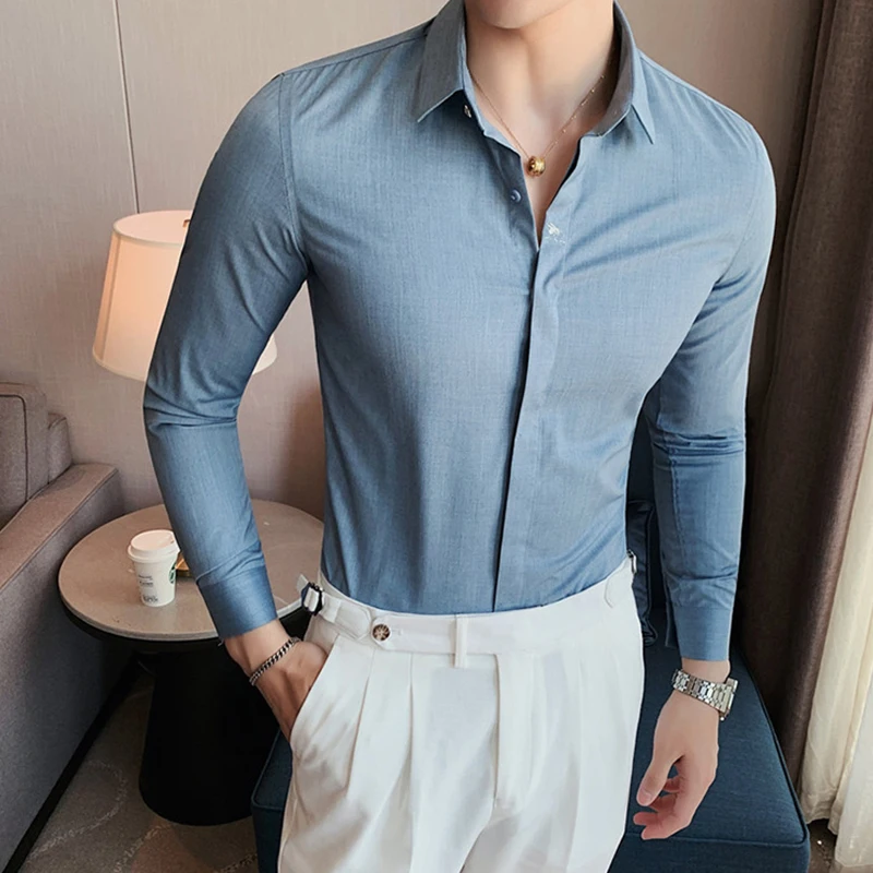 2022 Fashion Business Casual Men's Long Sleeve Shirt With Concealed Door Placket Concealed Button Slim Fit Clothes