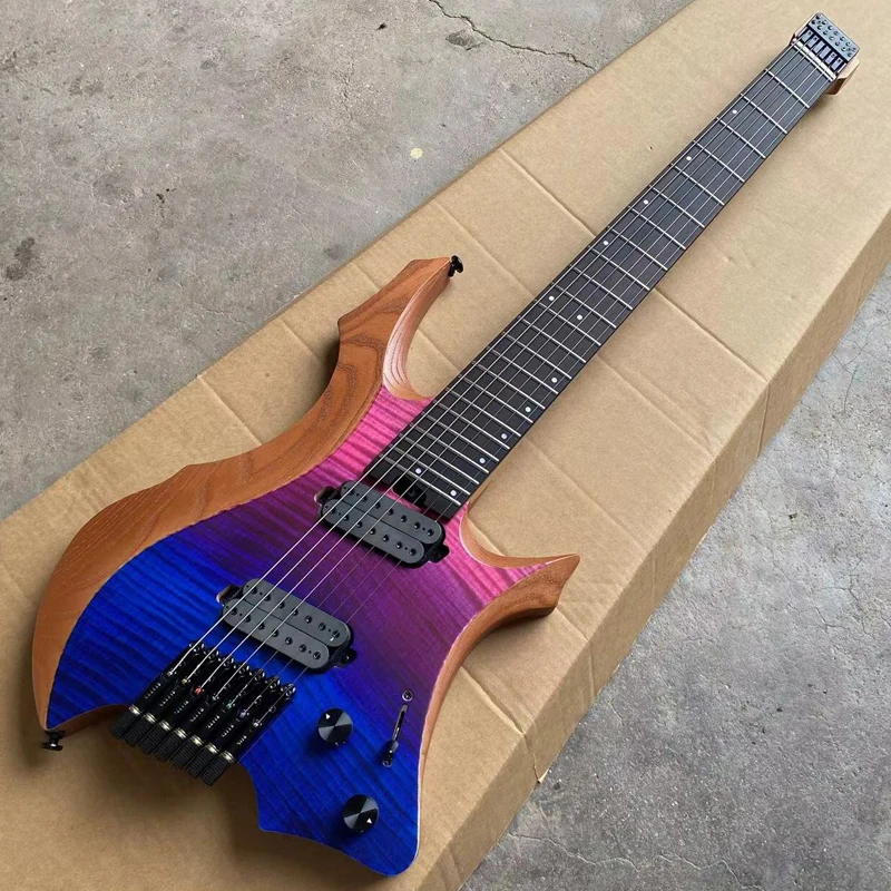 7 String Headless Electric Guitar Pink to Blue Flame Maple Top Passive Pickups 9 Piece Roasted Maple Neck Fanned Frets Guitarra