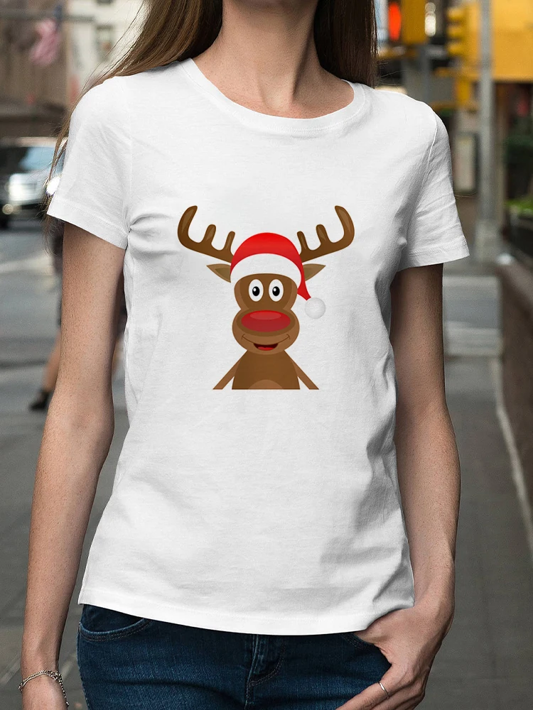 

Deer Print Merry Christmas 90S Style Winter Women Tshirt Printed Tops O-Neck Female Top Graphic Clothes Shirt T Tee Kawaii Tee