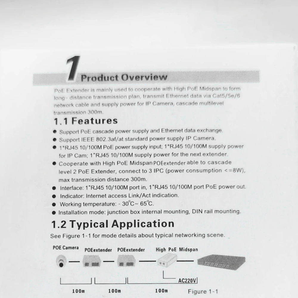 POE Extender 1 T0 2 Port 10/100M Multilevel IP POE Extender 300 Meters Cat5/5E/6 Ethernet Transmit Data IEEE802.3af for IP Cams