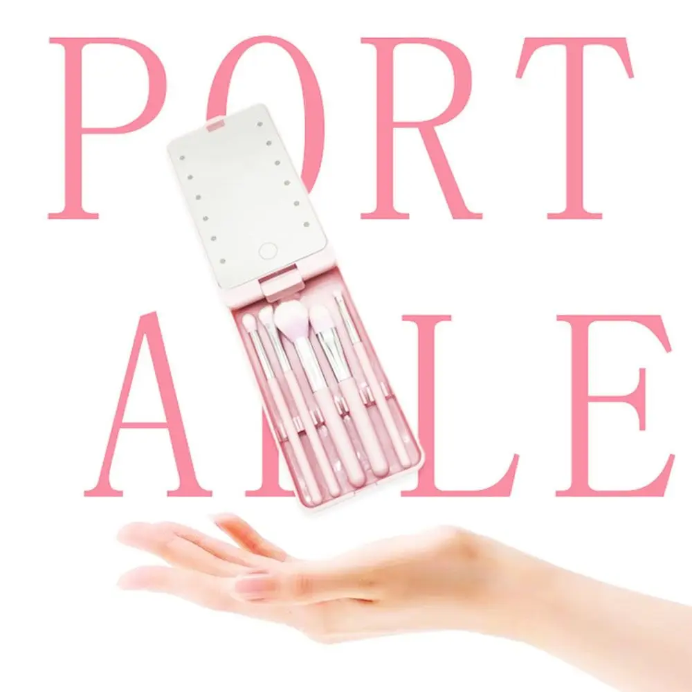 Draaibare spiegel reismake-upborstel met licht USB oplaadbaar met 5 stuks borstel LED make-upspiegelborstelset aanraakschakelaar