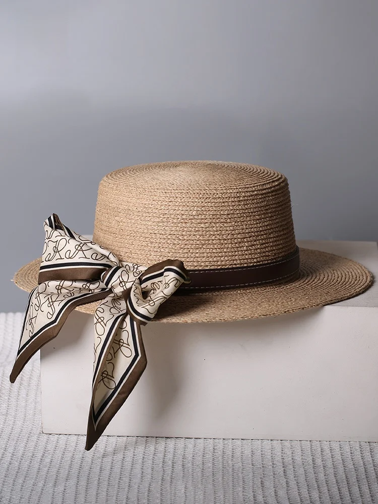 raffia-straw-flat-top-hat-with-letter-satin-ribbon-vintage-style-summer-new-arrival-ladies-hat-sunshade-breathable-spring-summer
