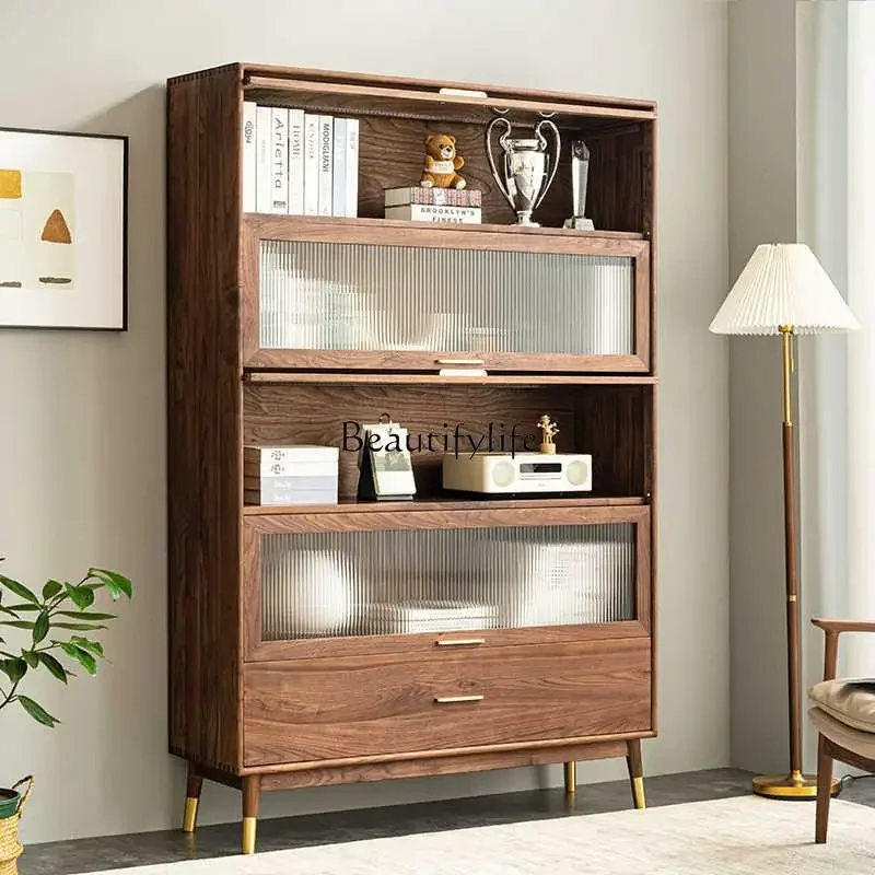 yj58 Black walnut solid wood bookcase shelf simple modern glass sliding door storage storage display cabinet