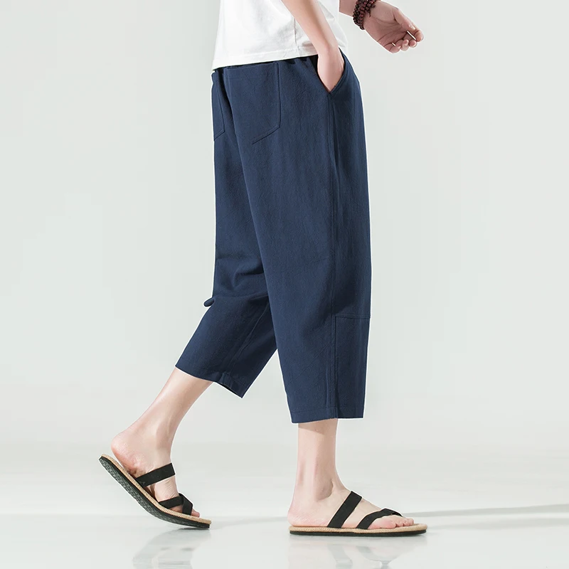 

Легкие летние льняные хлопковые свободные шорты-бриджи для мужчин, повседневные пляжные брюки прямого кроя, модные городские штаны