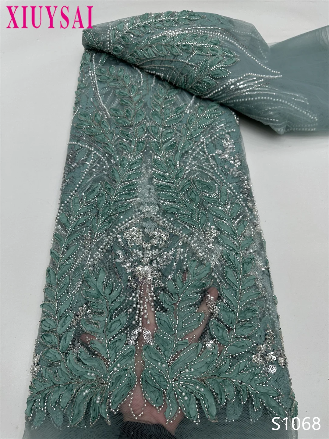 

French 3D Flower Lace Fabric Beaded Sequins Embroidered for Wedding Dress Nigerian African Style Party Wedding Dress Material