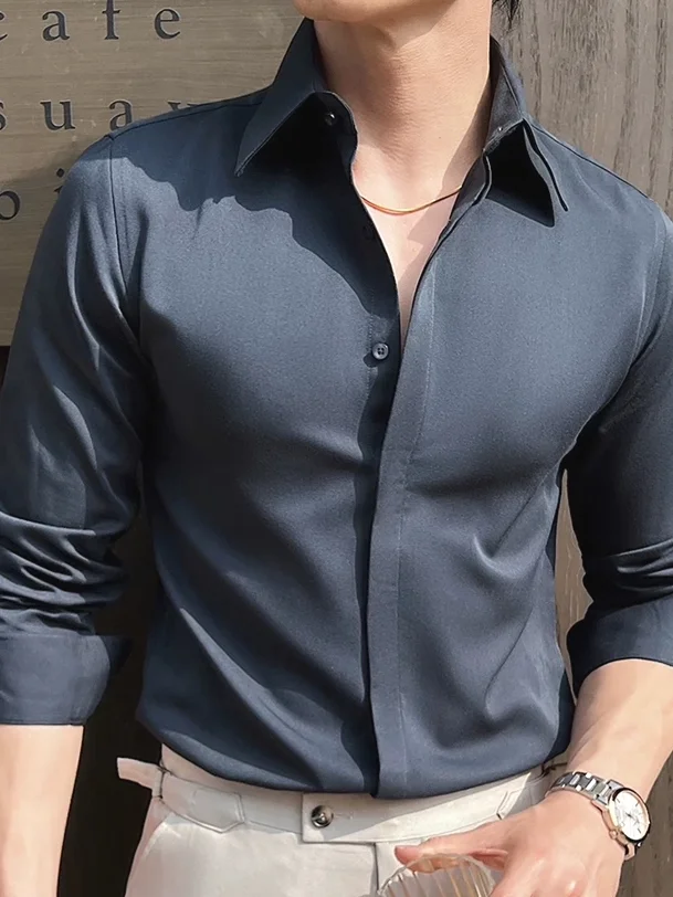 

Iron-Free Ice Silk Chiffon Long Sleeve Open Cardigan Business Commute Workwear Standard Fit Men's Shirt French Style Pure Color