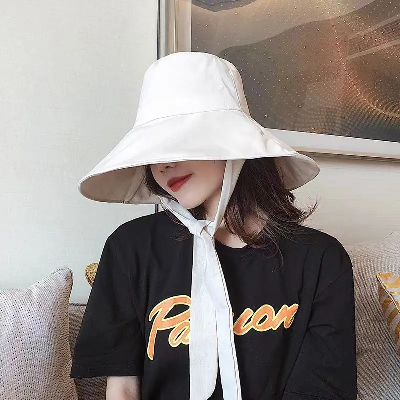 New Summer Spring Japanese Tie Bucket Hat Women\'s Korean-style Big Eave Fisherman Foldable UV Cotton Linen Beach Strap Sun Hat