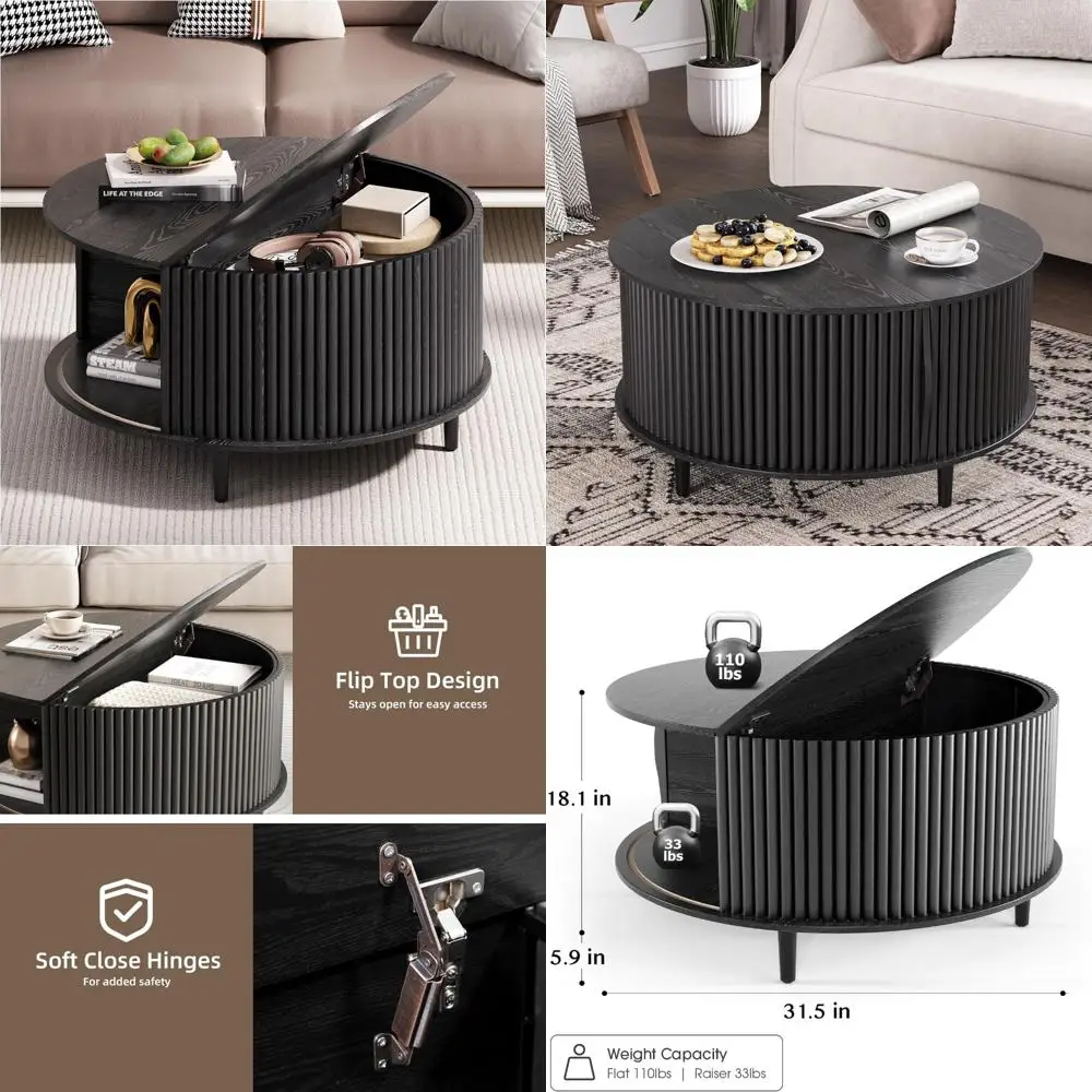 

Mid-Century Modern Storage Coffee Table with Hidden Compartment for Living Room Fluted Design