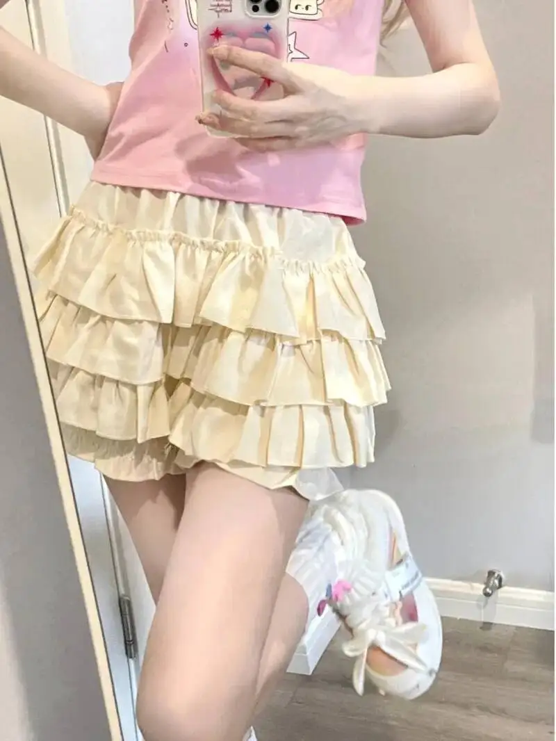 

Puffy Cake Mini Skirts Women Ruched Ruffle High Waist Solid All-match Sweet Lovely Girls College Harajuku Trendy Streetwear PMF8