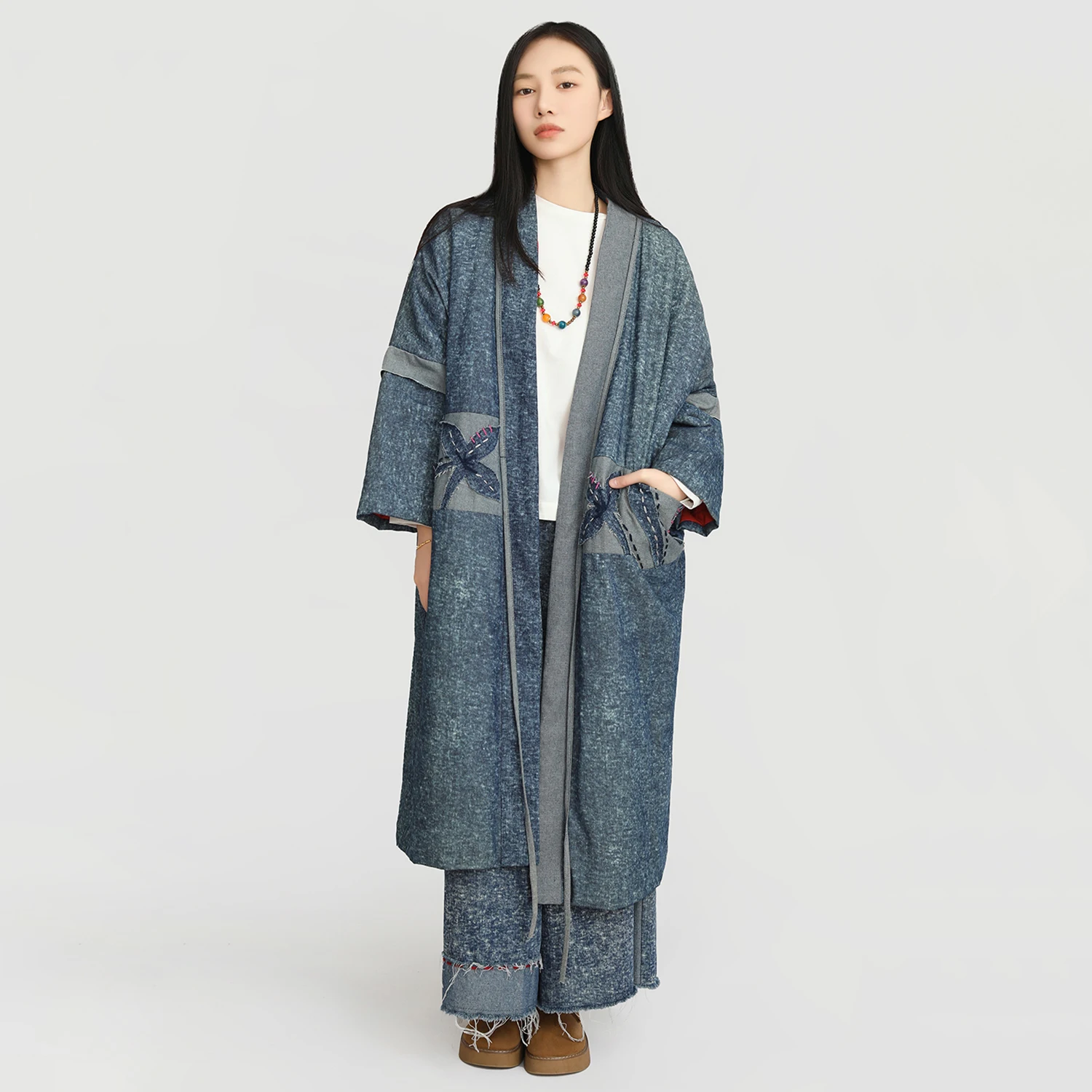 

LZJN Женская зимняя винтажная джинсовая хлопковая длинная стеганая куртка — свободный крой, шнурок, вычурный свободный стиль с открытой передней частью, универсальный