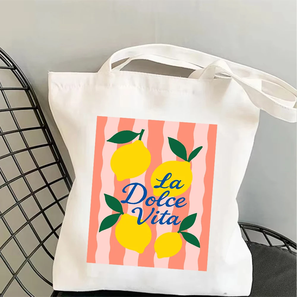 1pc Double Print Vibrant La Dolce Vita Lemon Canvas Tote Bag Shoulder Women Bag Shopping Bag Striped Background Beach Trip