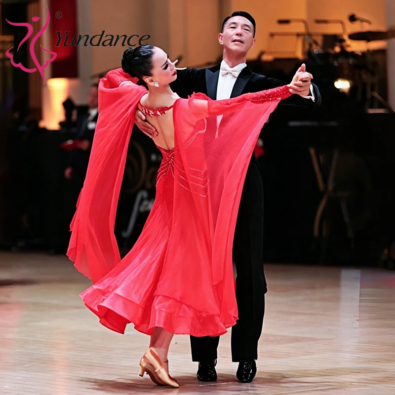 B-26063 Women's Custom Standard Ballroom Dress Red Satin Chiffon Stage Performance Costume for Blackpool Competition