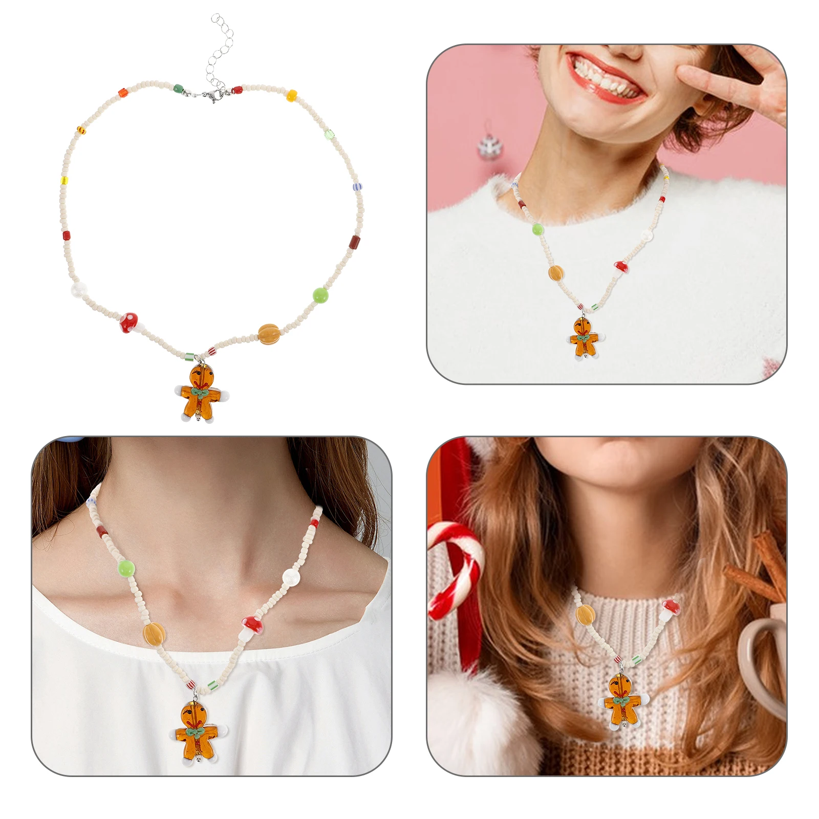 

Handmade Christmas Gingerbread Man Necklace Plastic Pendant Charm Festive Cookie Xmas Jewelry Holiday Style Festive Necklace