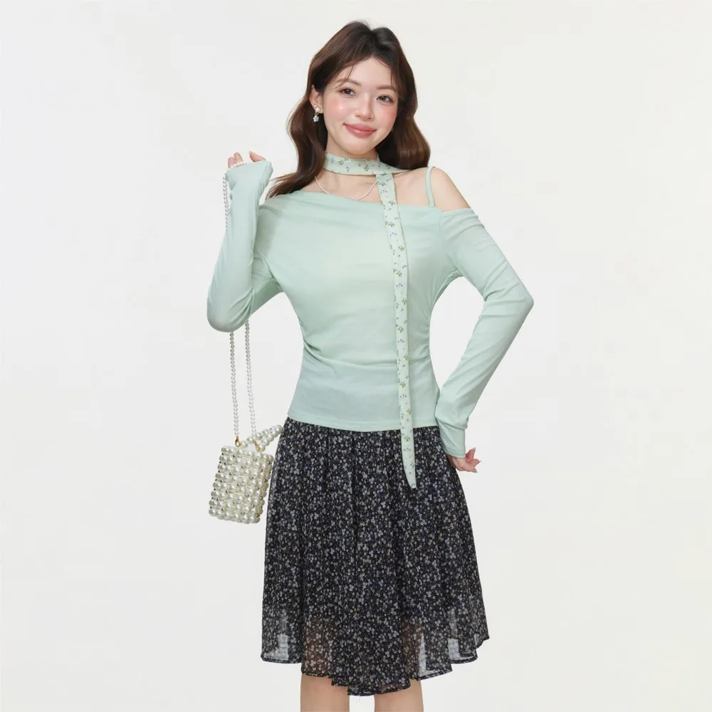 

2026 Spring T Shirt Tees Long Sleeve Tops Blusas Temperament Sweet Simple All-match Slim Off Shoulder Swing Collar Solid Color