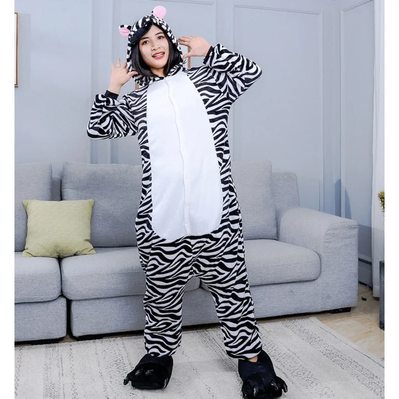 Adult Onesie Pajamas Cartoon Zebra Cosplay Costume Animal Warm Plush Homewear Sleepwear Jumpsuit for Men Women Girls Boys Teens