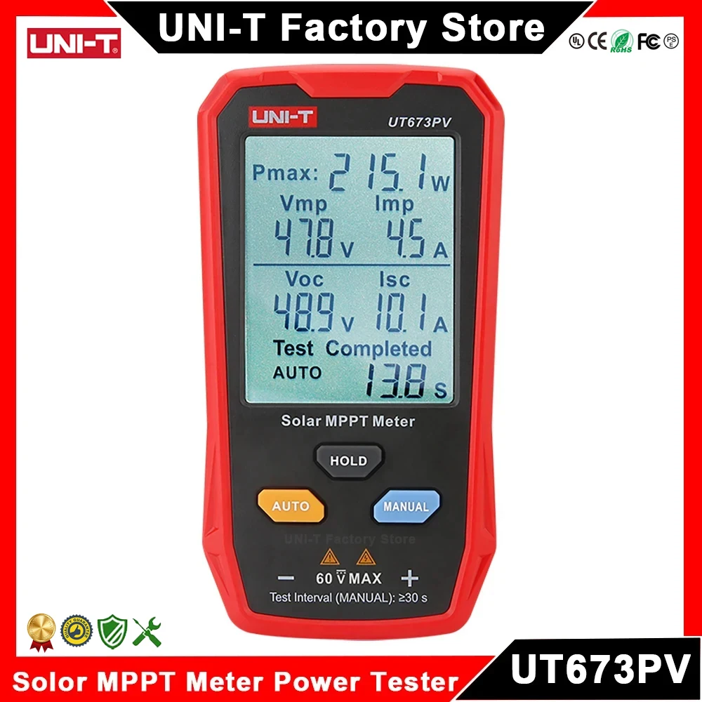 • Solor MPPT متر الضوئية ، ذروة الجهد الدائرة المفتوحة ، اختبار تيار الدائرة القصيرة ، Pmax lmf Voc Lsc ، UT673PV ، أقصى قوة