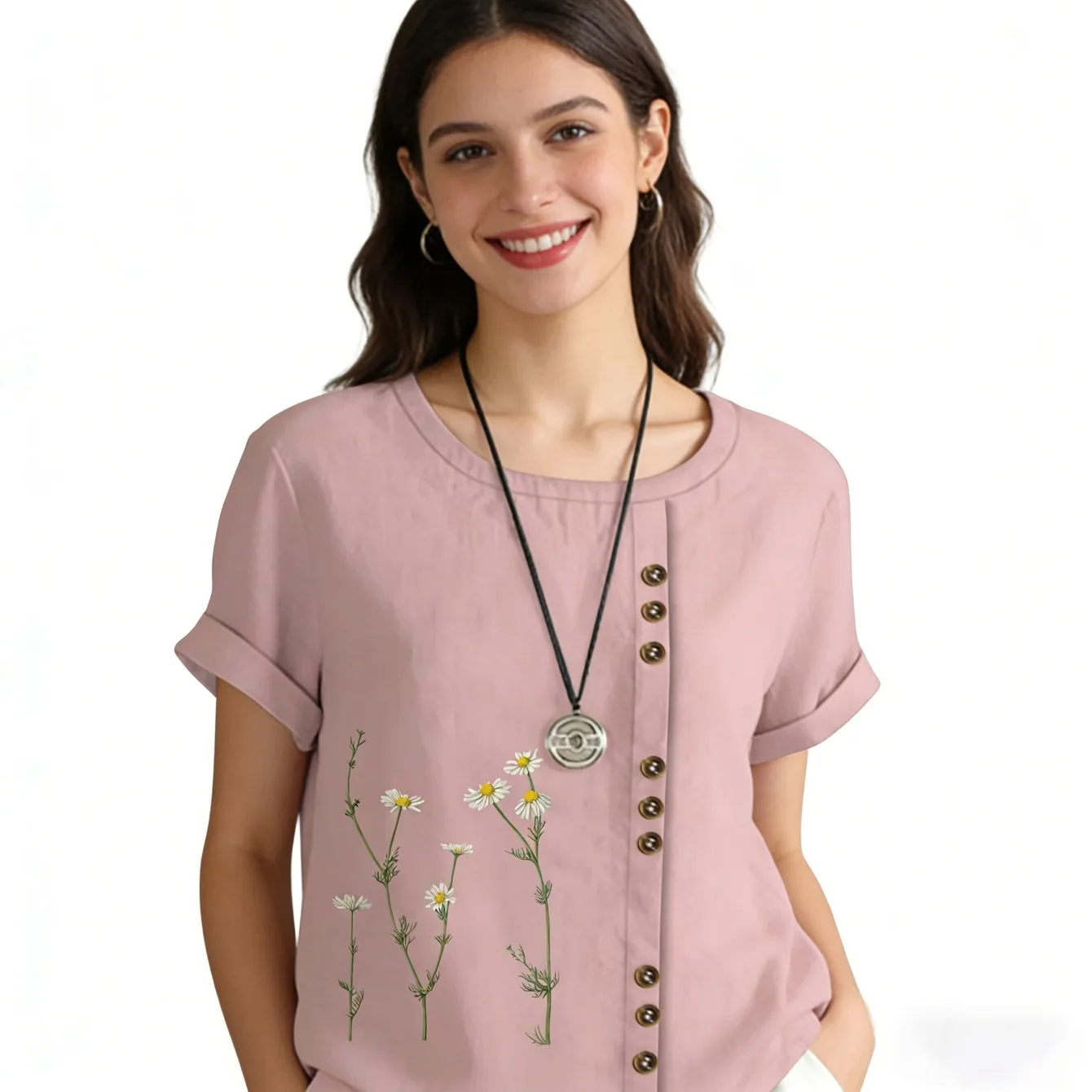 

CLOOCL Pink Daisy Floral Printed Women Short Sleeve Shirts Plus Size Summer Casual Streetwear
