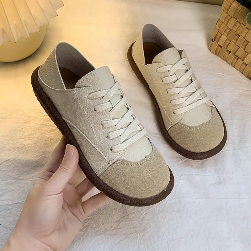

Autumn Soft Leather Moccasins for Women Wide Toe Lace-Up Patched Chunky Oxford Sneakers Comfortable Ladies' Footwear