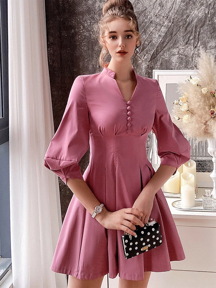 Autumn New Sweet Temperament V-neck Retro Women's Waist Waist Slim Dress